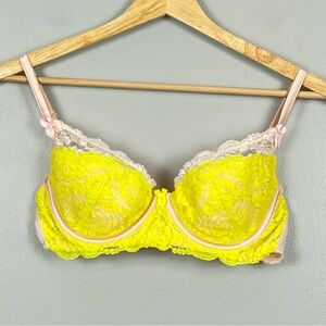 Mimi Holliday blush pink & bright yellow lace lightly padded bra, size 36C.